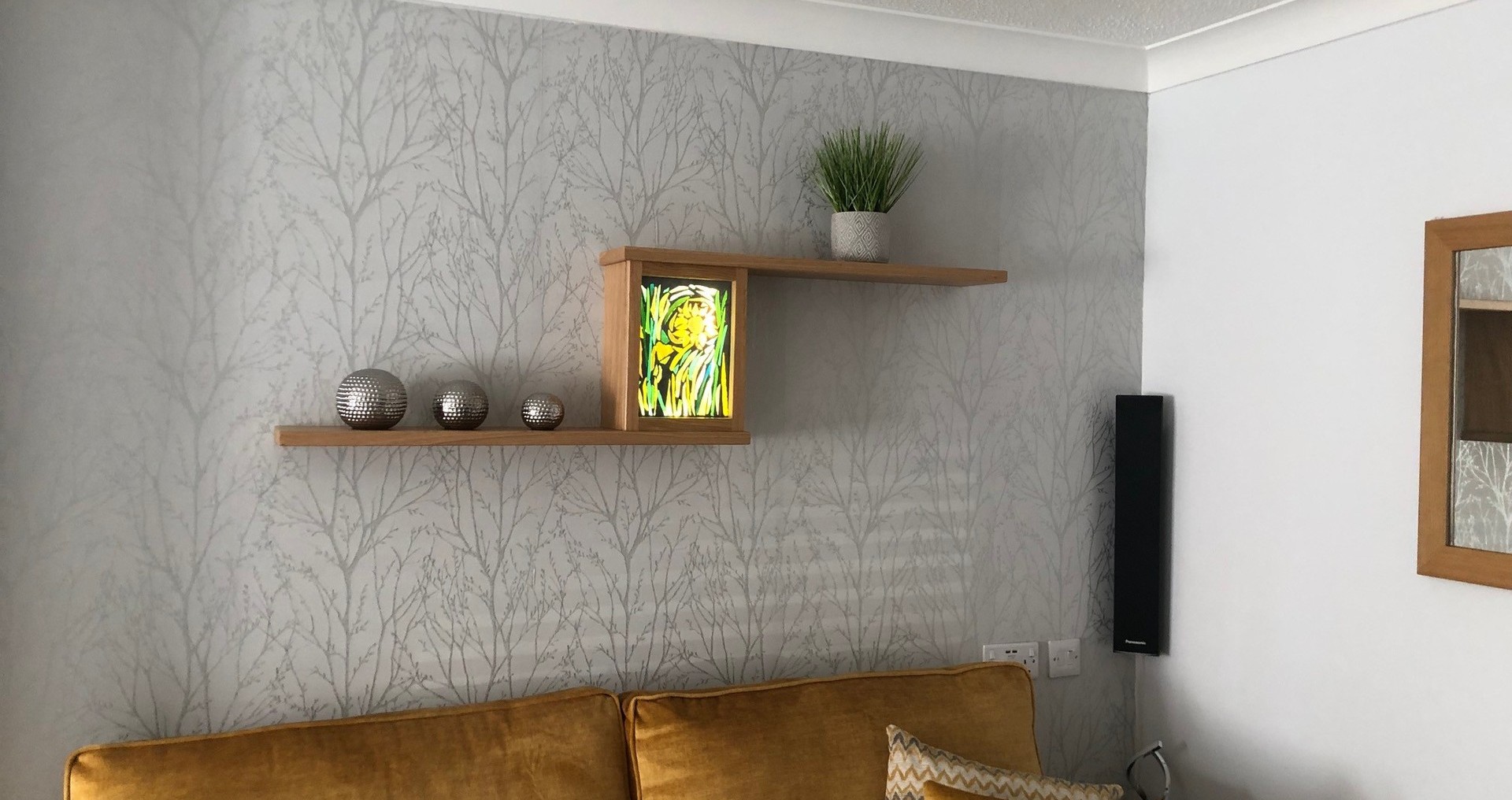 Bespoke shelf with integrated lit stained glass box, Kidlington